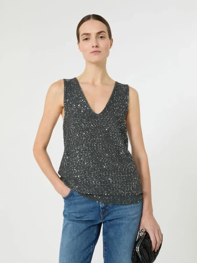 Ærmeløs sweater med pailletter, mørkegrå Ærmeløs sweater med pailletter, mørkegrå