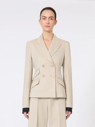 Blazer i uld, mohair og silke med dobbeltradet knaplukning, sand