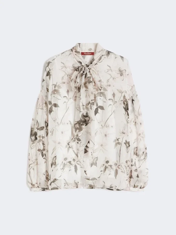 Bluse i mønstret chiffon, hvid Bluse i mønstret chiffon, hvid