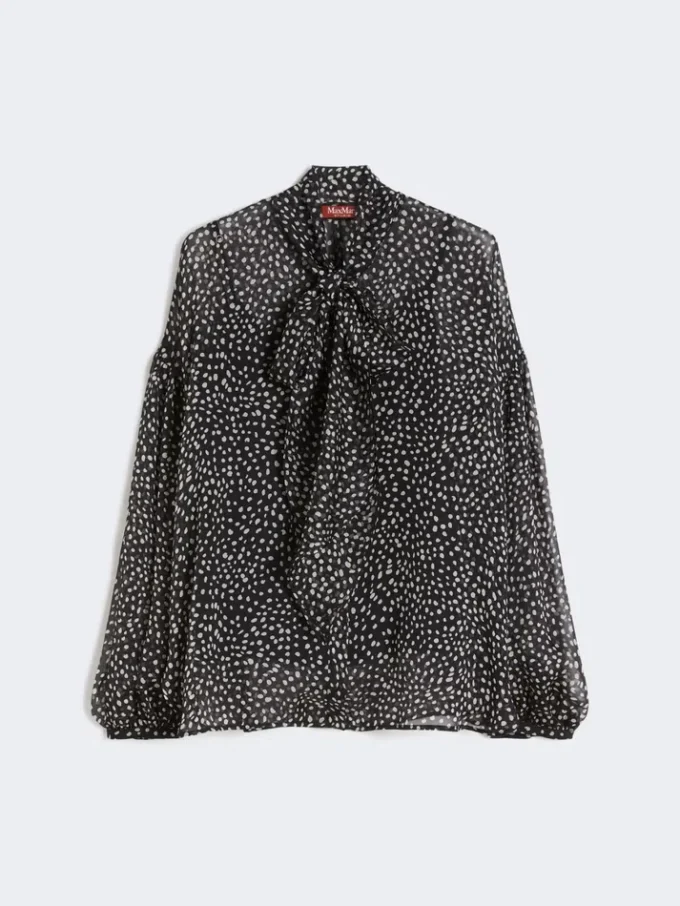 Bluse i printet chiffon, sort Bluse i printet chiffon, sort