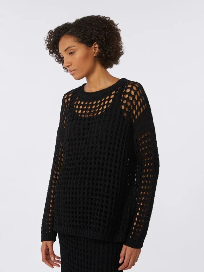 Bomuldsbluse i mesh, sort Bomuldsbluse i mesh, sort
