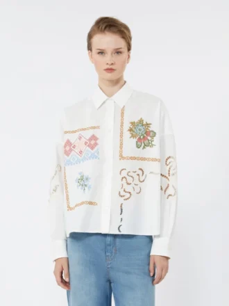 Bomuldsbluse med blonder og broderier, hvid