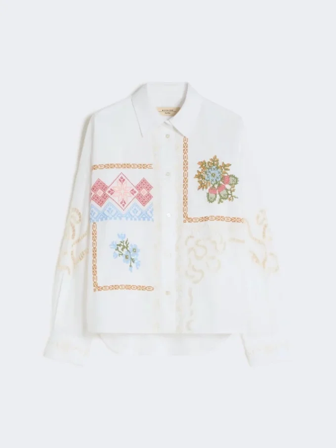 Bomuldsbluse med blonder og broderier, hvid Bomuldsbluse med blonder og broderier, hvid