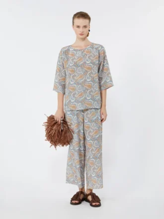 Bukser i crepe de chine med print, lyseblå