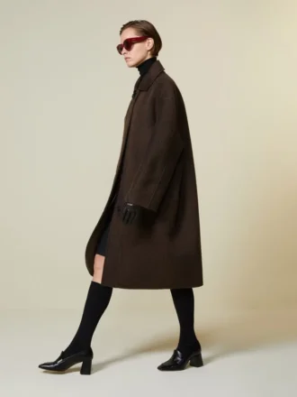Cocoon-frakke i uld og mohair, brun Cocoon-frakke i uld og mohair, brun