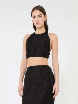 Crop top i silke fil coupa jacquard, sort