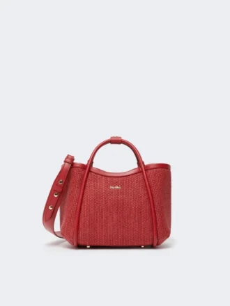Ekstra lille marine taske i raffia-look med kurveflet, rød