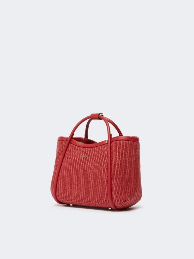 Ekstra lille marine taske i raffia-look med kurveflet, rød