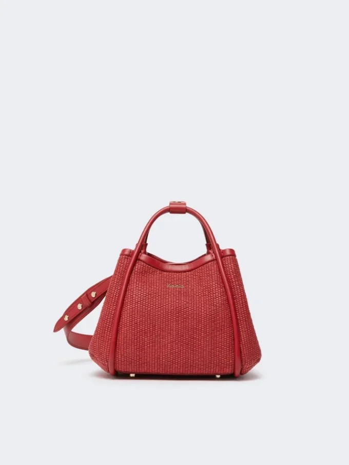 Ekstra lille marine taske i raffia-look med kurveflet, rød
