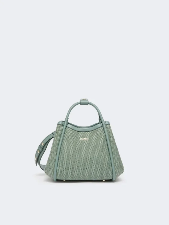 Ekstra lille marine taske i raffia-look med kurveflet, salviegrøn Ekstra lille marine taske i raffia-look med kurveflet, salviegrøn