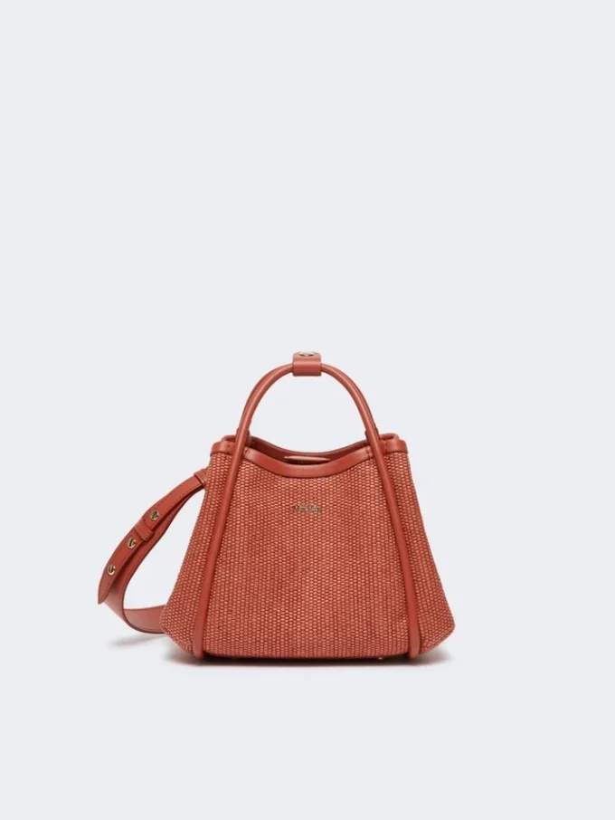Ekstra lille marine taske i raffia-look med kurveflet, terrakotta