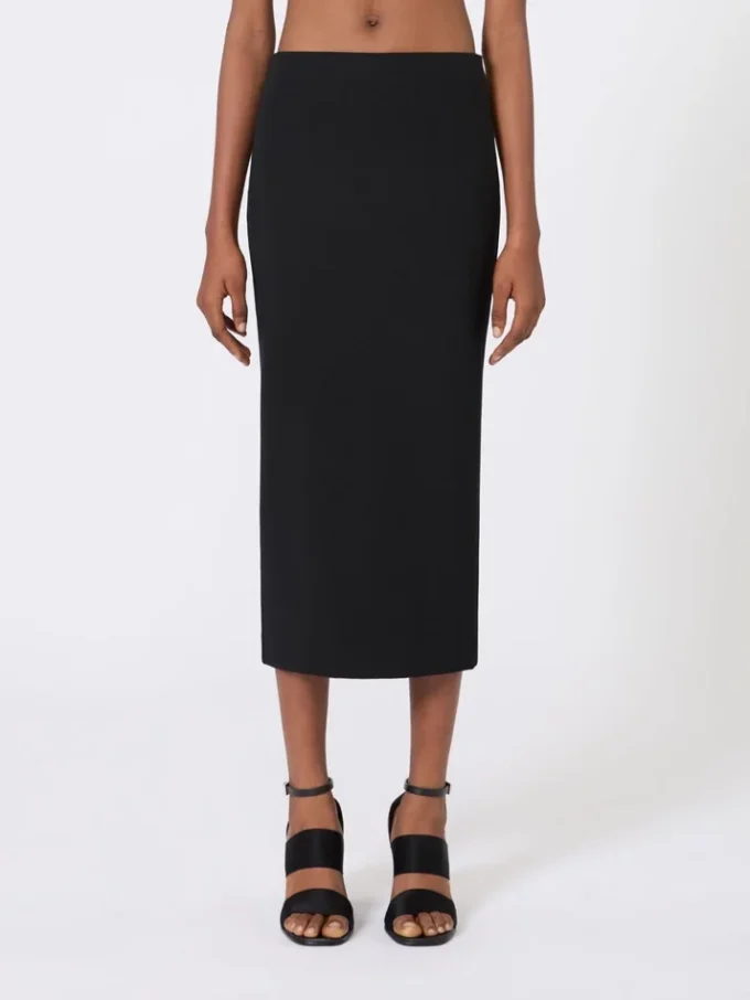 Kompakt midi-nederdel i crepe-jersey, sort Kompakt midi-nederdel i crepe-jersey, sort