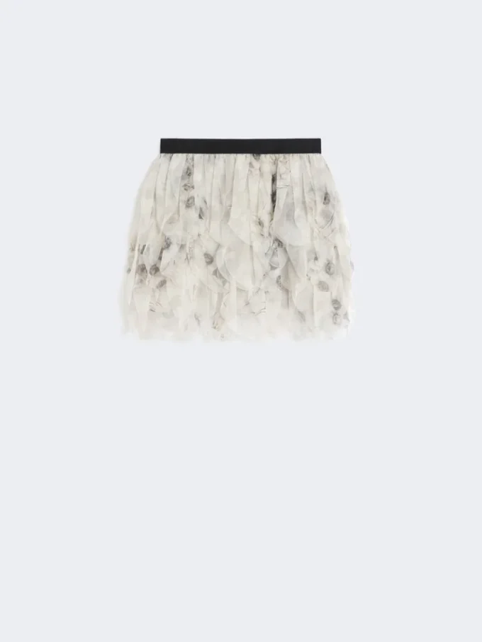 Kort nederdel med kronblade i printet organza, perlegrå Kort nederdel med kronblade i printet organza, perlegrå