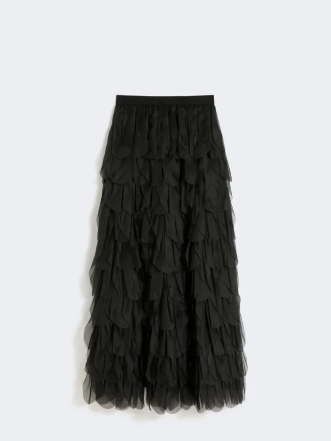 Lang nederdel med kronblade i silkeorganza, sort Lang nederdel med kronblade i silkeorganza, sort