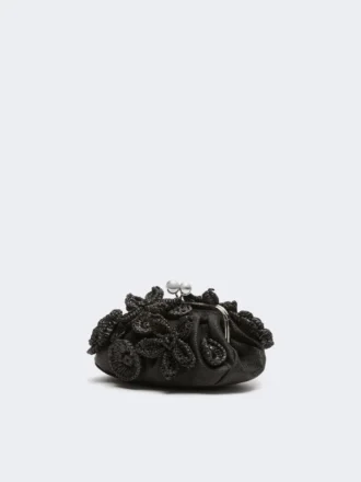 Lille pasticcino-taske i raffia-look med blomster, sort
