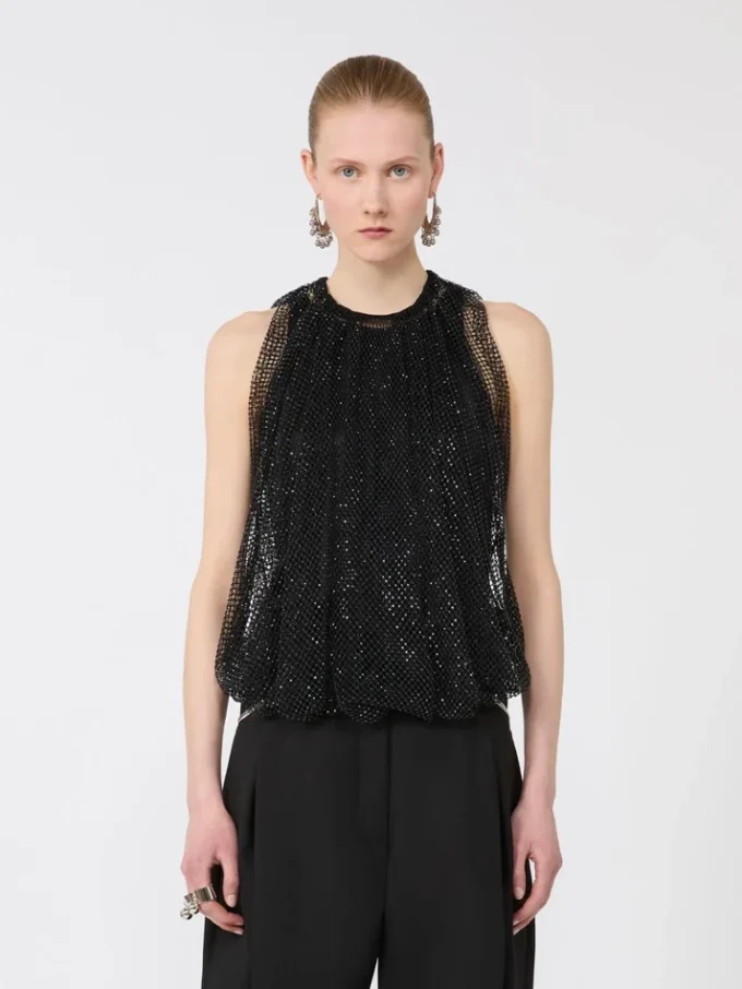 Mesh-top med krystaller, sort Mesh-top med krystaller, sort