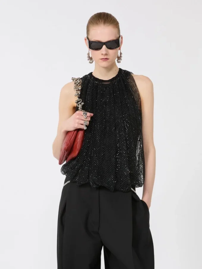 Mesh-top med krystaller, sort Mesh-top med krystaller, sort