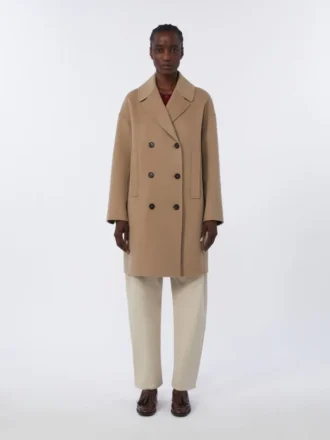 Midi-frakke i bredvævet uld, beige