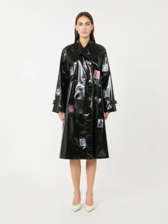 Midi-trenchcoat i gabardine med vinyleffekt, sort