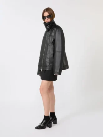 Oversized, kraftig læderjakke, sort
