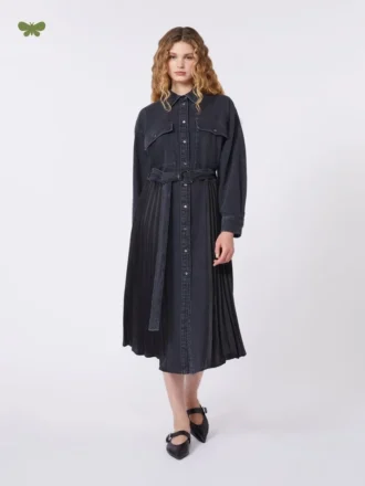 Skjortekjole i denim og satin, sort
