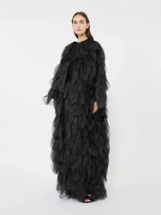 Lang nederdel med kronblade i silkeorganza, sort