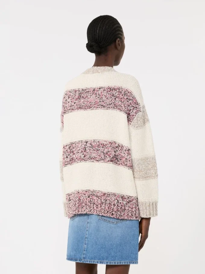 Stribet cardigan i uld og bomuld, sand Stribet cardigan i uld og bomuld, sand
