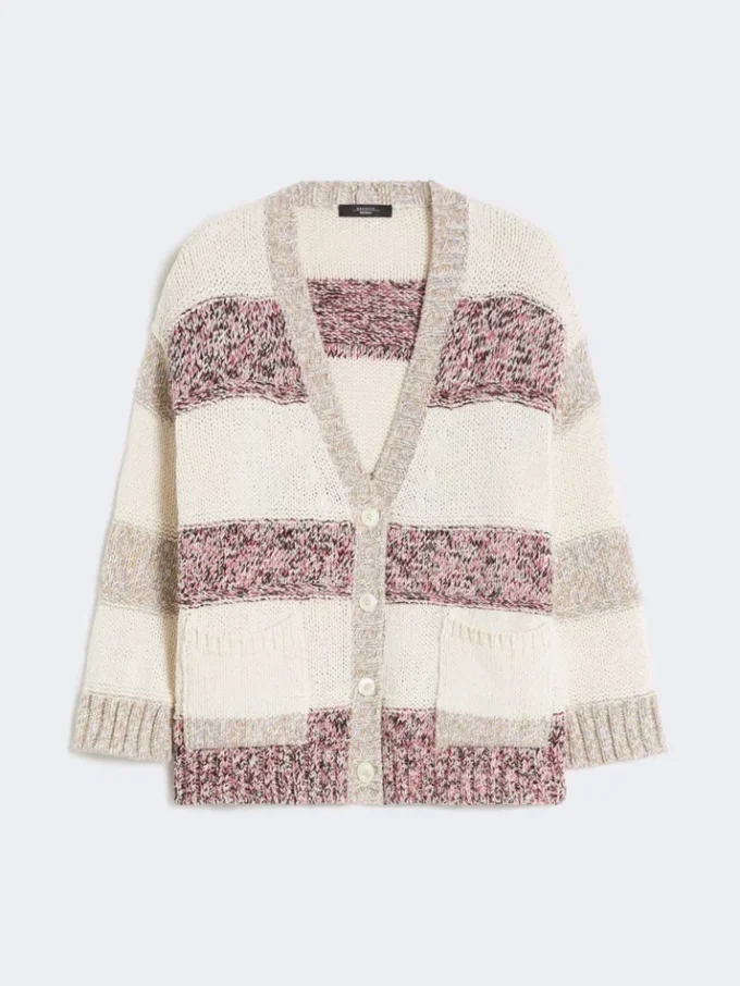 Stribet cardigan i uld og bomuld, sand Stribet cardigan i uld og bomuld, sand