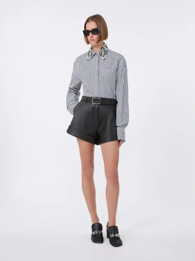 Stribet, kort poplin-skjorte, sort Stribet, kort poplin-skjorte, sort