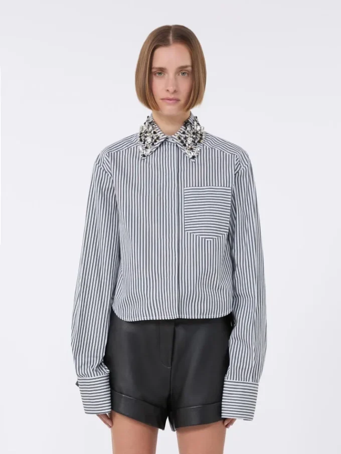 Stribet, kort poplin-skjorte, sort Stribet, kort poplin-skjorte, sort