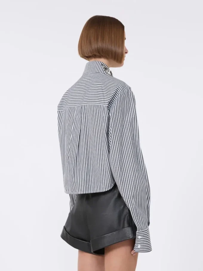 Stribet, kort poplin-skjorte, sort Stribet, kort poplin-skjorte, sort