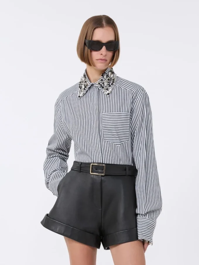 Stribet, kort poplin-skjorte, sort Stribet, kort poplin-skjorte, sort
