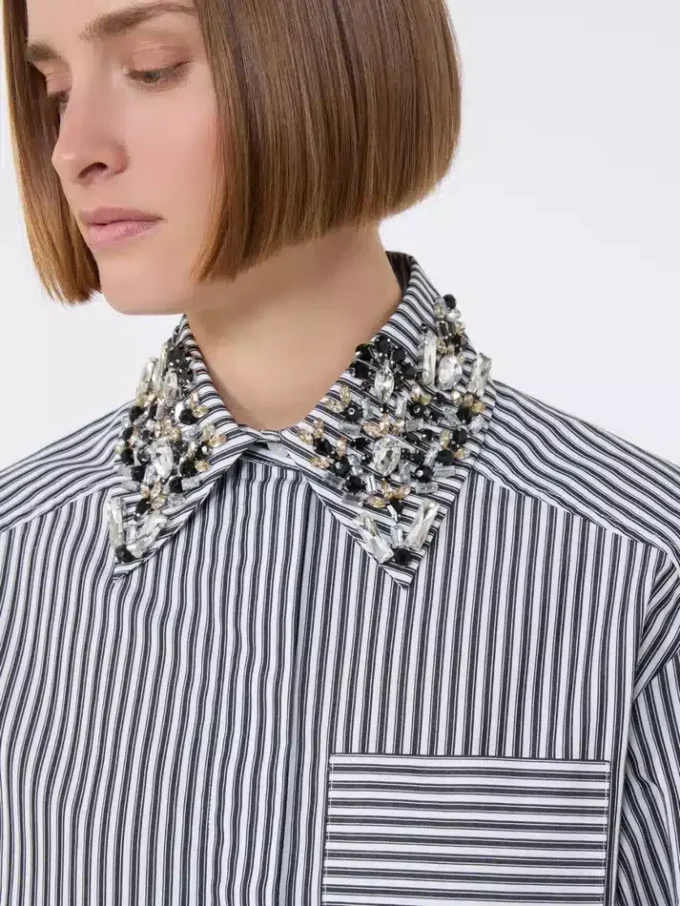 Stribet, kort poplin-skjorte, sort Stribet, kort poplin-skjorte, sort