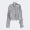 Stribet, kort poplin-skjorte, sort Stribet, kort poplin-skjorte, sort