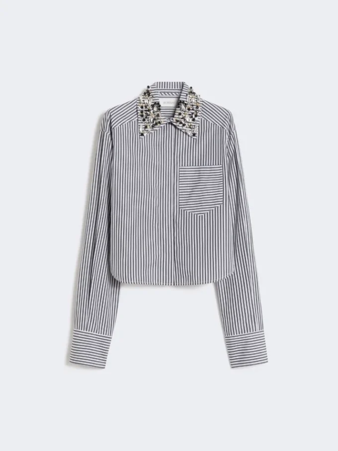Stribet, kort poplin-skjorte, sort Stribet, kort poplin-skjorte, sort