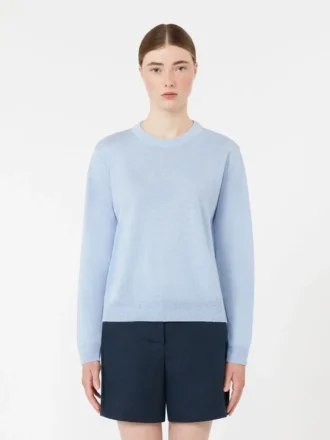 Sweater i hørgarn med rund hals, himmelblå