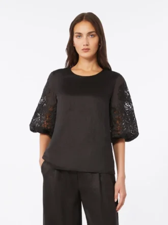 T-shirt i ramiegaze og broderie anglaise, sort