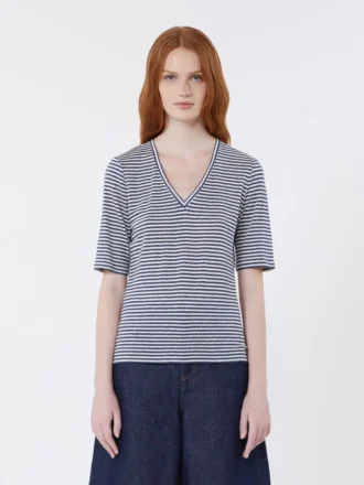 T-shirt i stretch-linnejersey med V-hals, ultramarin