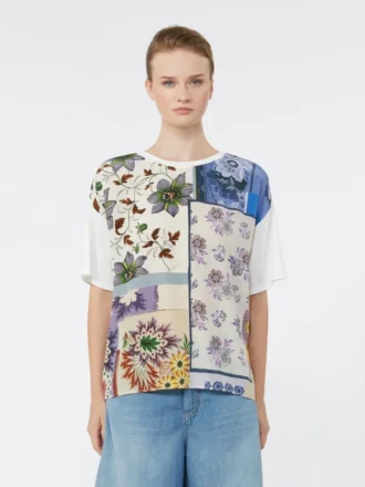 T-shirt i trykt silke og stretchbomuldsjersey, flerfarvet