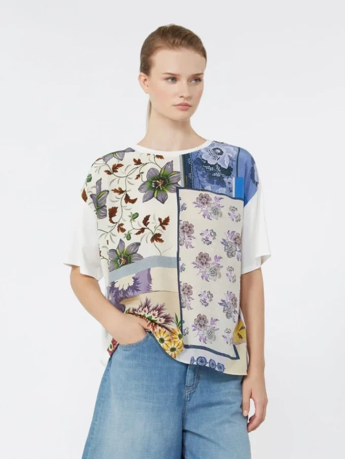 T-shirt i trykt silke og stretchbomuldsjersey, flerfarvet