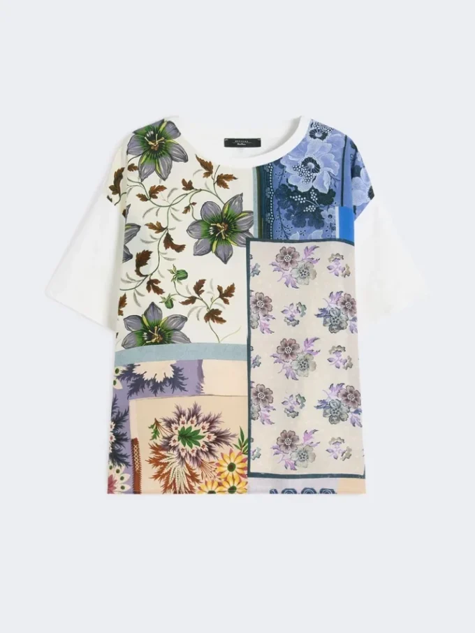 T-shirt i trykt silke og stretchbomuldsjersey, flerfarvet