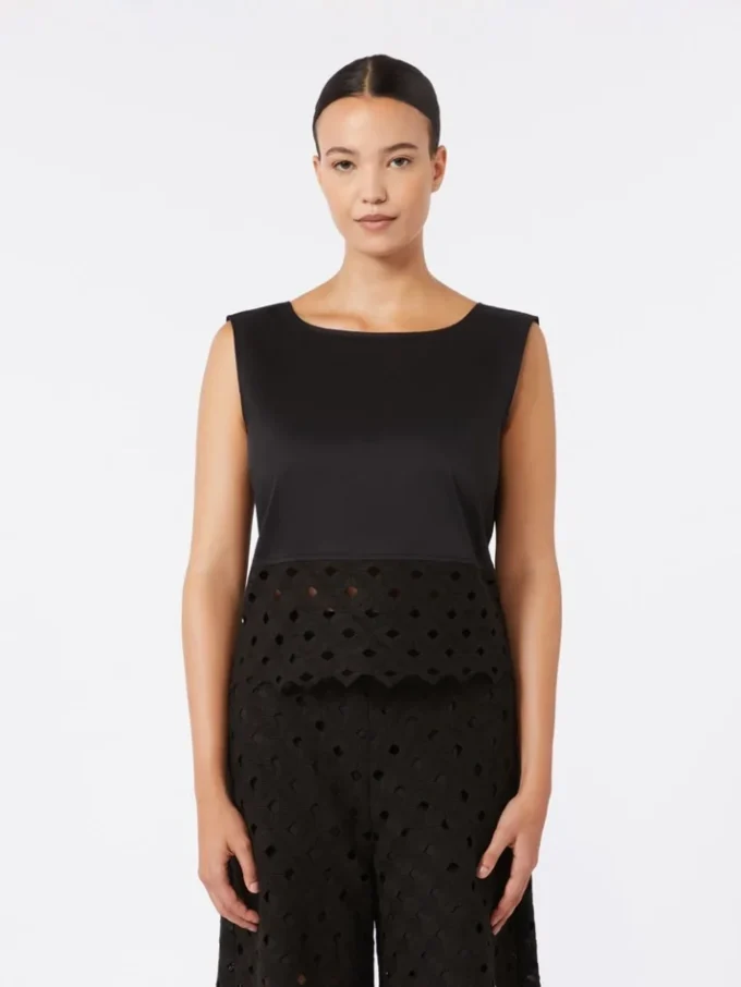 Top i poplin og makramé-blonder, sort Top i poplin og makramé-blonder, sort