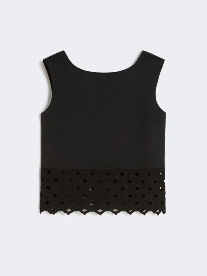 Top i poplin og makramé-blonder, sort Top i poplin og makramé-blonder, sort