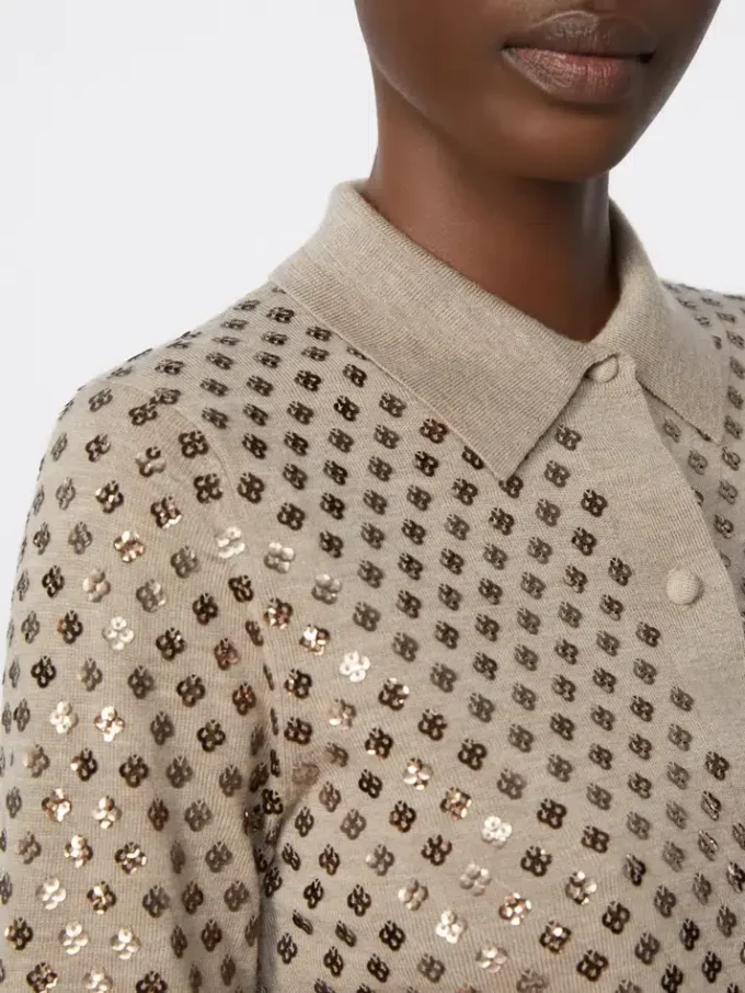 Uldcardigan med pailletter, brun Uldcardigan med pailletter, brun