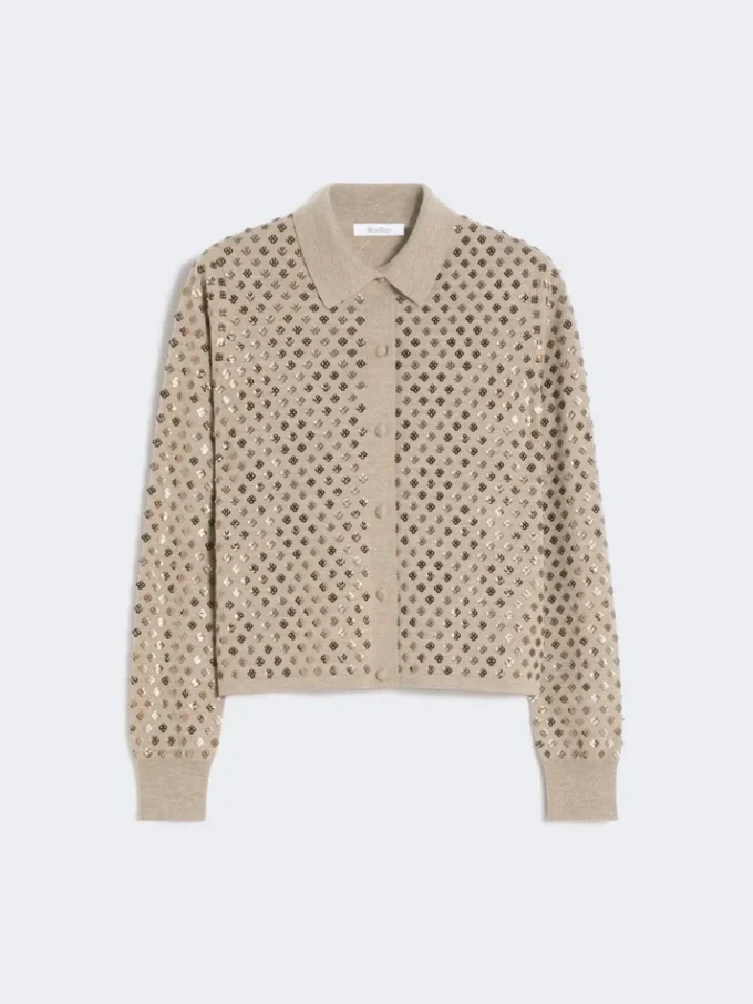 Uldcardigan med pailletter, brun Uldcardigan med pailletter, brun