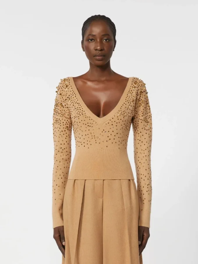 V-hals sweater i uld og kashmir, kamel
