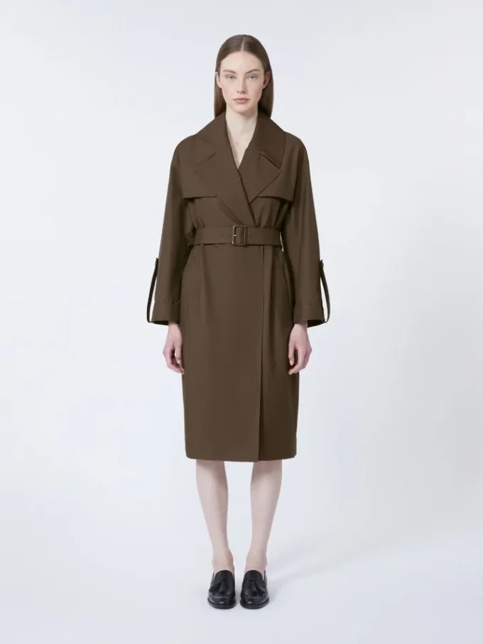 Vandafvisende trenchcoat i twill med bælte, chokolade Vandafvisende trenchcoat i twill med bælte, chokolade
