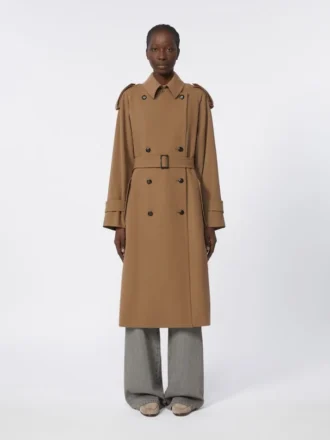 Vandafvisende trenchcoat i uldgabardin, brun Vandafvisende trenchcoat i uldgabardin, brun